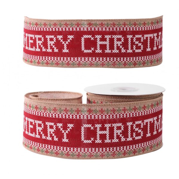 Merry Christmas Wired Woven Red Xmas Christmas Ribbon Width 63mm